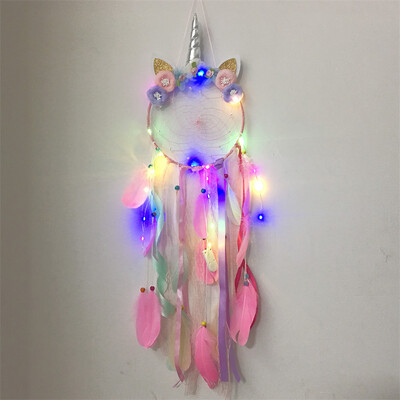 Ροζ LED Light Unicorn Dream Catcher Στολίδι για κορίτσια Boho Διακόσμηση δωματίου Υπνοδωμάτιο Unicorn Macrame Dreamcatcher Κρεμαστό μενταγιόν