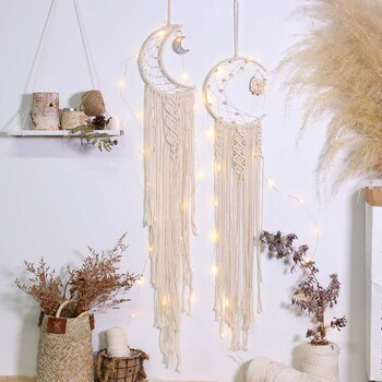 Macrame Dream Catcher με φωτάκια Boho Διακόσμηση σπιτιού Moon Ramadan Διακόσμηση Μακραμέ Κρεμαστό τοίχου μωρού Nordic Διακόσμηση δωματίου