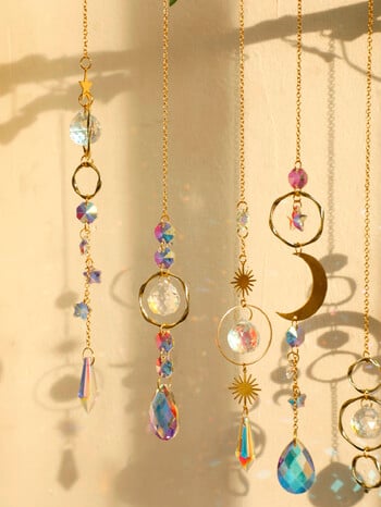 Χειροποίητα Boho Sun Catcher Κρεμαστά Στολίδια Wind Chimes Crystal Sun Catchers με χρυσή αλυσίδα για διακόσμηση τοίχου παραθύρου και κήπου