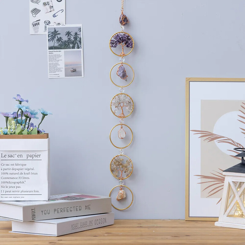 Életfa kristály fali dekoráció 6 gyűrűs csakra kő fali dekoráció északi függő dekoráció Boho szoba dekoráció esztétikai ajándék