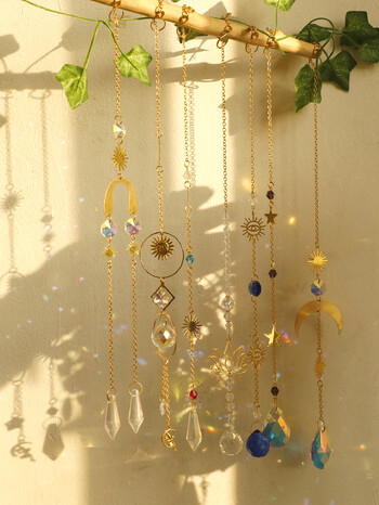 Boho Crystal Sun Catchers Κρεμαστά στολίδια Sun Catcher Wind Chimes Χειροποίητα με χρυσή αλυσίδα για Παράθυρο Διακόσμηση κήπου τοίχου