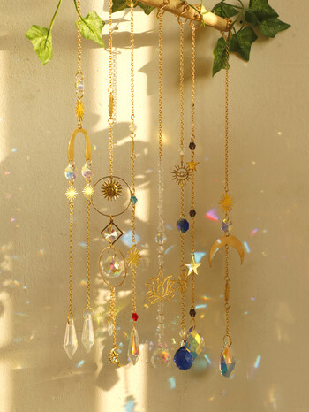 Boho Crystal Sun Catchers Κρεμαστά στολίδια Sun Catcher Wind Chimes Χειροποίητα με χρυσή αλυσίδα για Παράθυρο Διακόσμηση κήπου τοίχου