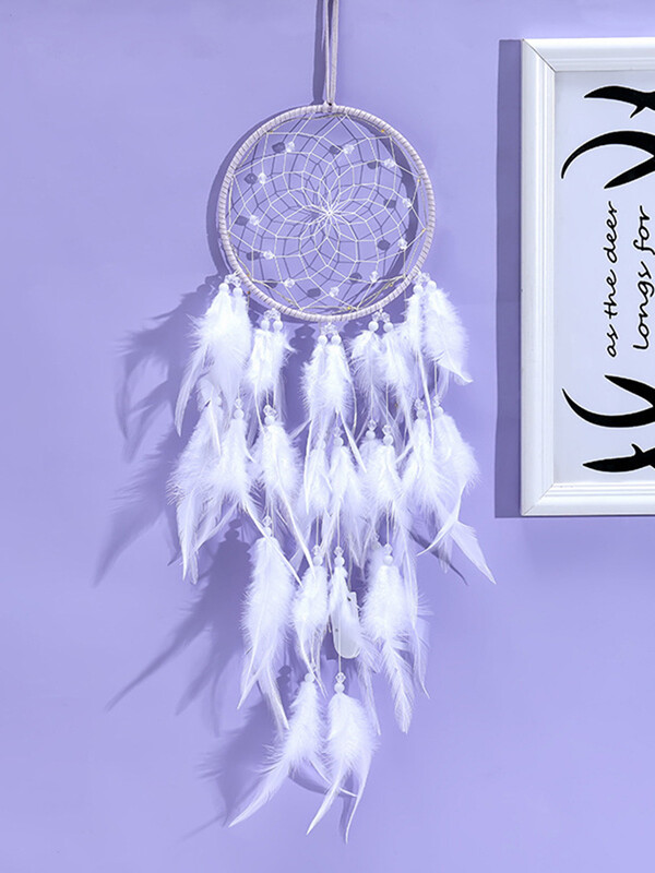 Atrapator de vise Clopoțel de vânt cu pene albe, lucrat manual pentru camera de fete, ornamente pentru agățat pe perete, cadou pentru festivalul de naștere, decorarea casei