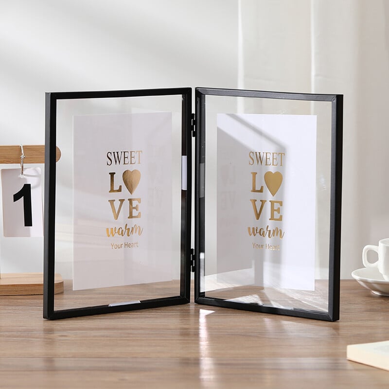 1 ramă foto duplex metalică pliabilă, ramă foto transparentă acrilică neagră auriu, ramă foto pentru decorare cameră, decorațiuni pentru casă
