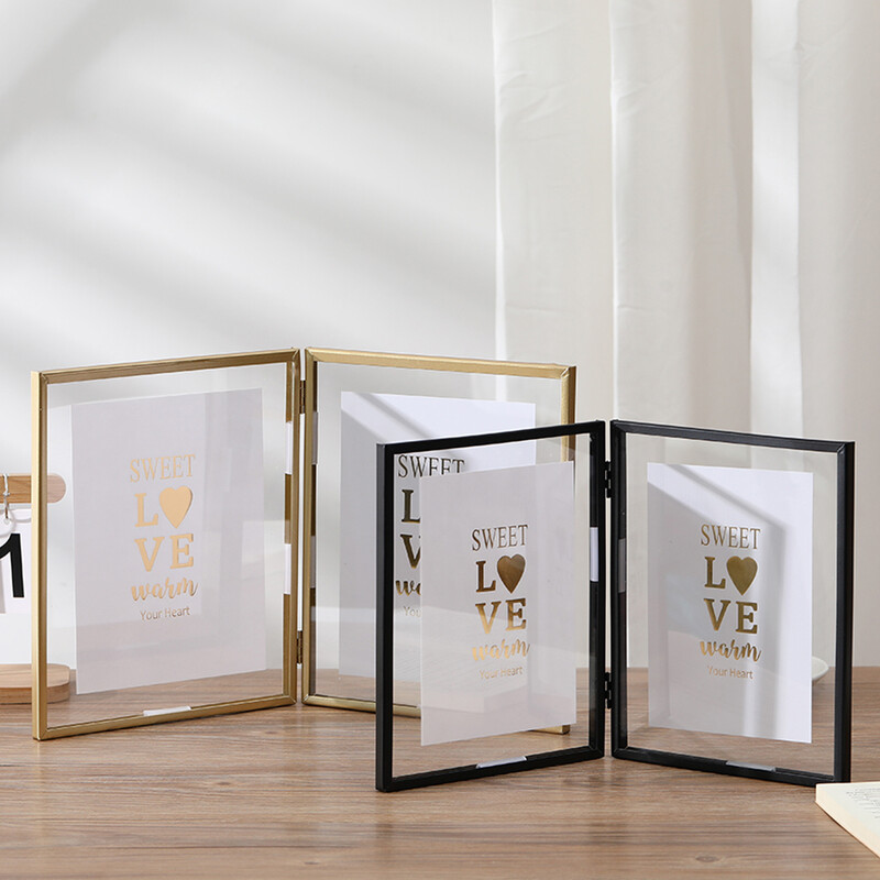 1 ramă foto duplex metalică pliabilă, ramă foto transparentă acrilică neagră auriu, ramă foto pentru decorare cameră, decorațiuni pentru casă