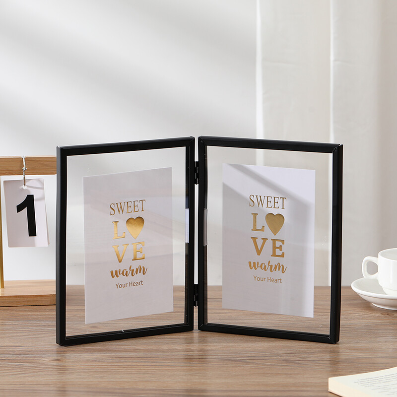 1 ramă foto duplex metalică pliabilă, ramă foto transparentă acrilică neagră auriu, ramă foto pentru decorare cameră, decorațiuni pentru casă
