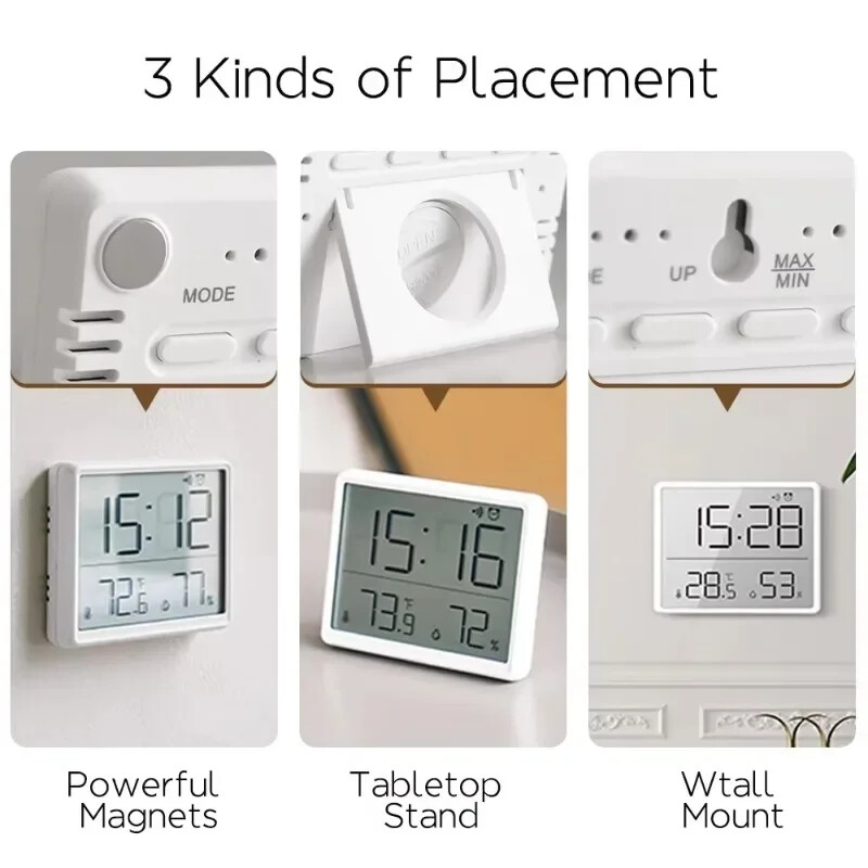 Ceas de perete ultra-subțire LCD cu ecran mare Contor digital de temperatură și umiditate Ceas cu alarmă simplu Ceasuri cu design magnetic Decor