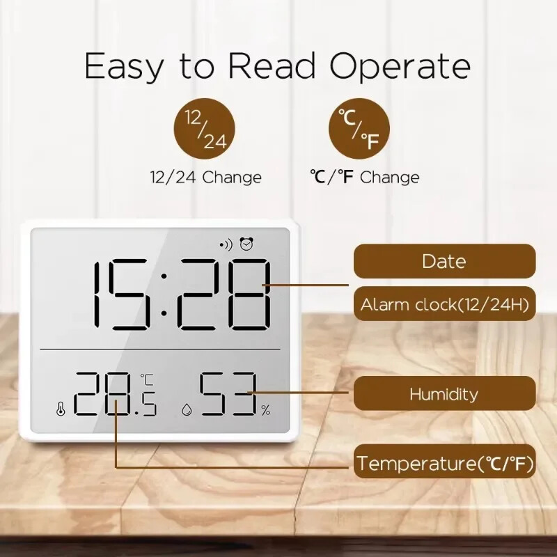 Ceas de perete ultra-subțire LCD cu ecran mare Contor digital de temperatură și umiditate Ceas cu alarmă simplu Ceasuri cu design magnetic Decor