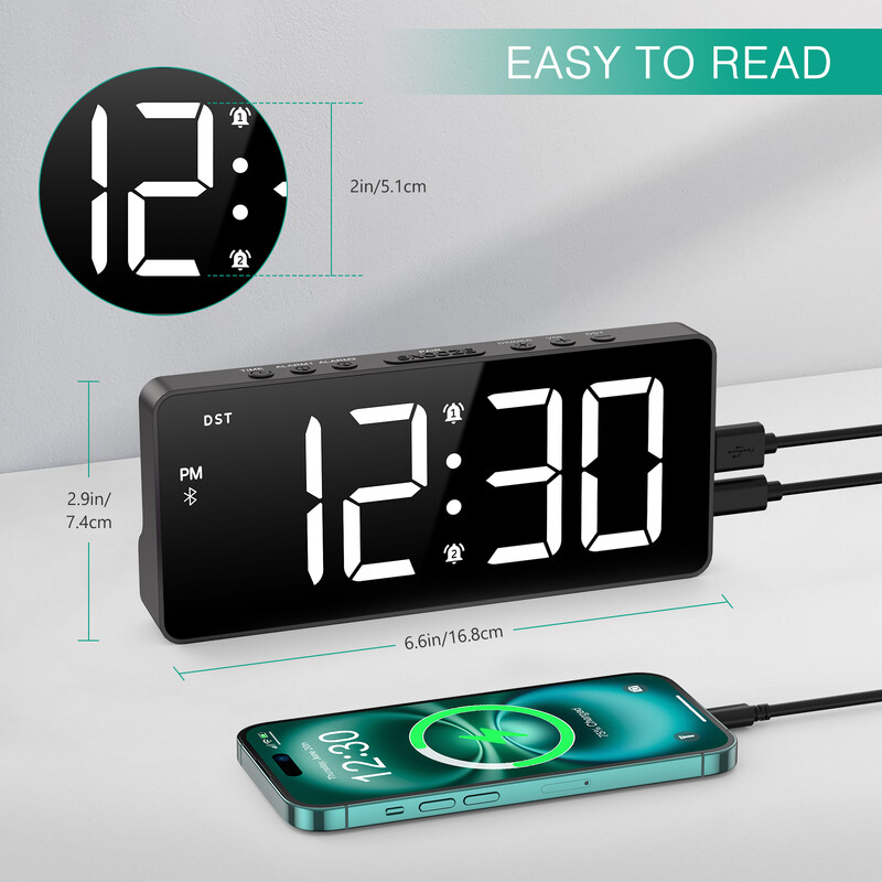 Ceas cu alarmă digital ORIA Ceas cu LED de 7 inchi cu sincronizare Bluetooth Ceas cu alarmă pe noptieră Sincronizare automată a timpului pentru utilizarea la biroul acasă