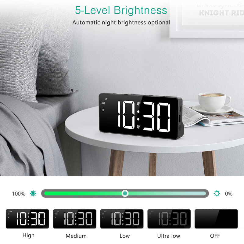 Ceas cu alarmă digital ORIA Ceas cu LED de 7 inchi cu sincronizare Bluetooth Ceas cu alarmă pe noptieră Sincronizare automată a timpului pentru utilizarea la biroul acasă