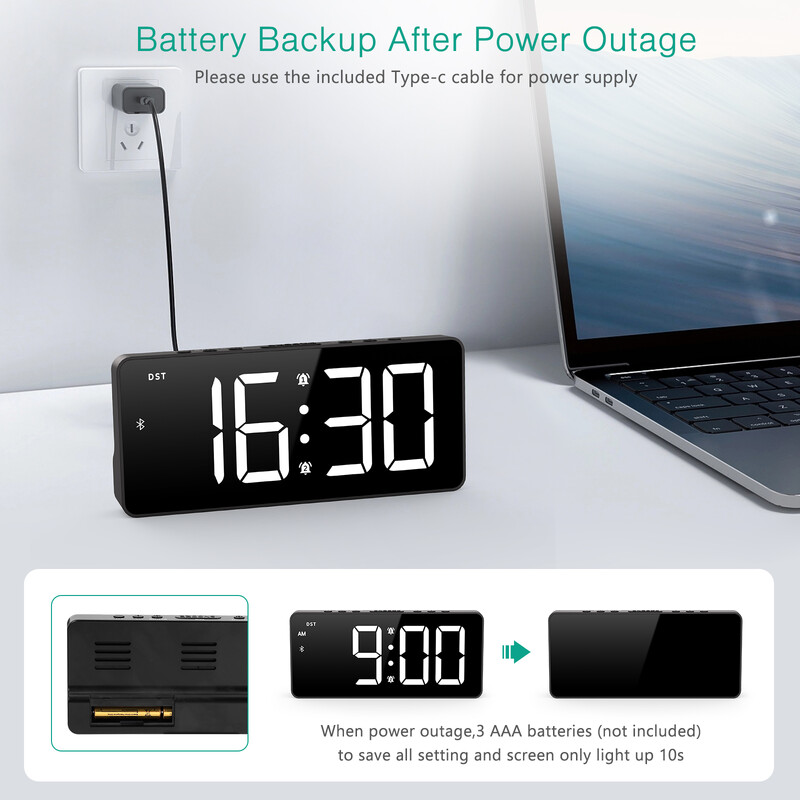 Ceas cu alarmă digital ORIA Ceas cu LED de 7 inchi cu sincronizare Bluetooth Ceas cu alarmă pe noptieră Sincronizare automată a timpului pentru utilizarea la biroul acasă