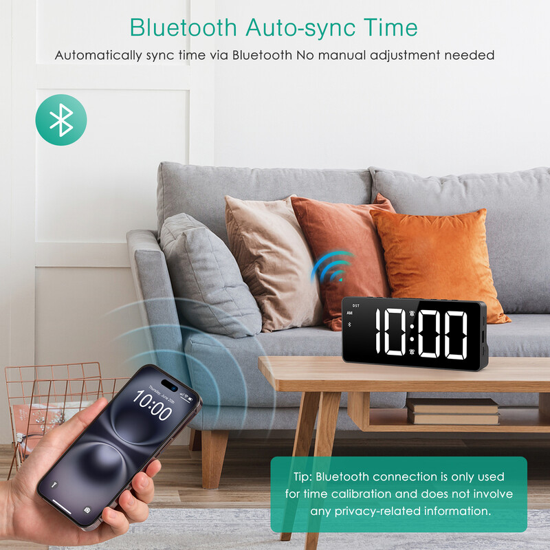 Ceas cu alarmă digital ORIA Ceas cu LED de 7 inchi cu sincronizare Bluetooth Ceas cu alarmă pe noptieră Sincronizare automată a timpului pentru utilizarea la biroul acasă