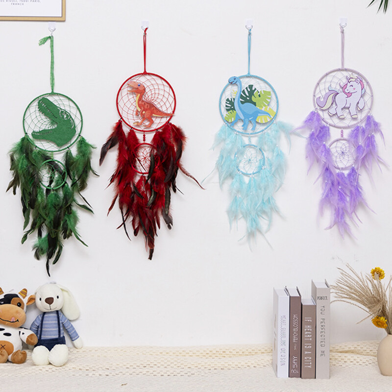 Captatoare de vise de dinozaur pentru copii Catcher de vise din desene animate Decorat de casa lucrat manual Unicorn Agatator pe perete Inel dublu Pepiniera Zi de nastere