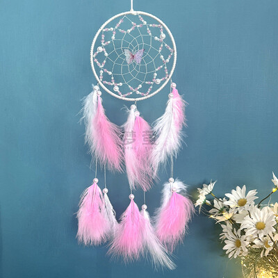Atrapator de vise fluture pandantiv cu pene roz, țesute manual, perdele pentru dormitor, ornamente agățate, cadou de zi de naștere, decorațiuni pentru casă
