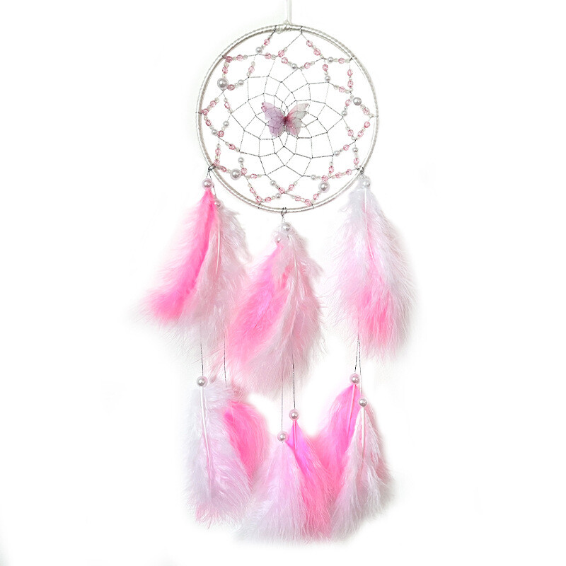 Atrapator de vise fluture pandantiv cu pene roz, țesute manual, perdele pentru dormitor, ornamente agățate, cadou de zi de naștere, decorațiuni pentru casă