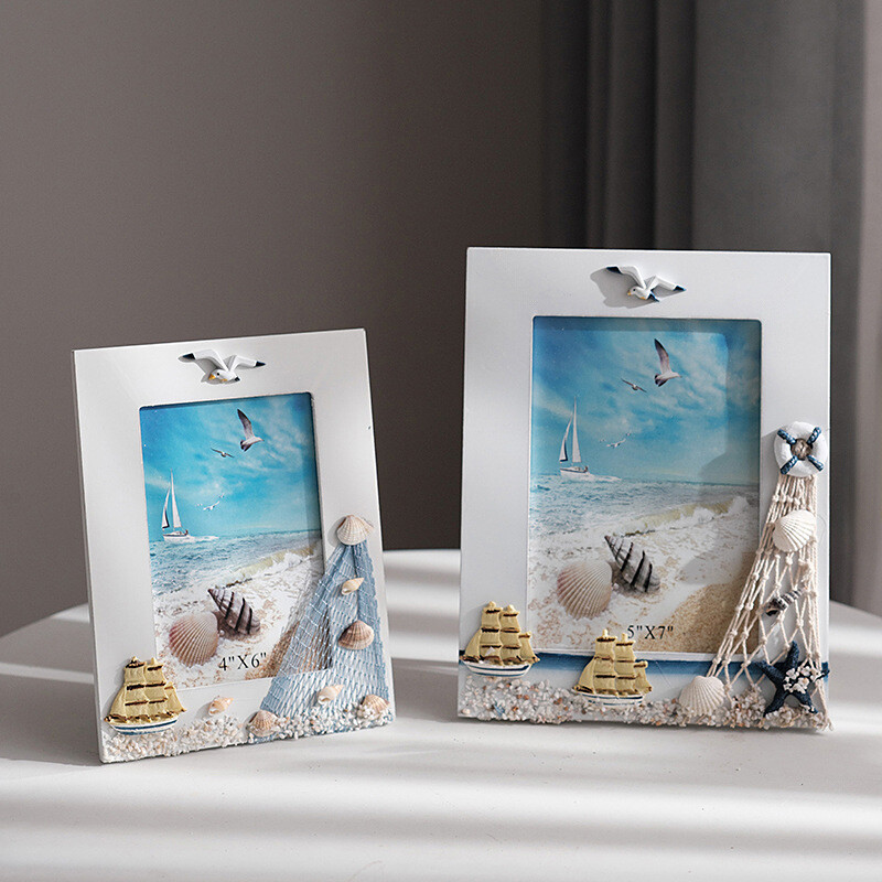Ramă foto de 6/7 inch Rama foto în stil oceanic Ramă album foto cu platformă din lemn Ornament cadru mediteranean Rama foto de birou