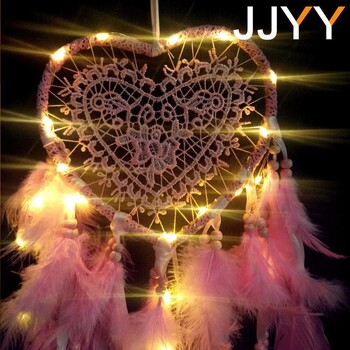 JJYY Peach Heart Dream Catcher Διακόσμηση Μενταγιόν Λευκό Φτερό Χειροποίητο Διακόσμηση Σπιτιού τοίχου