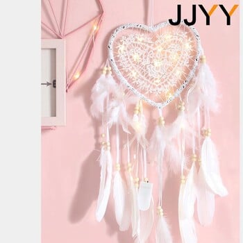 JJYY Peach Heart Dream Catcher Διακόσμηση Μενταγιόν Λευκό Φτερό Χειροποίητο Διακόσμηση Σπιτιού τοίχου