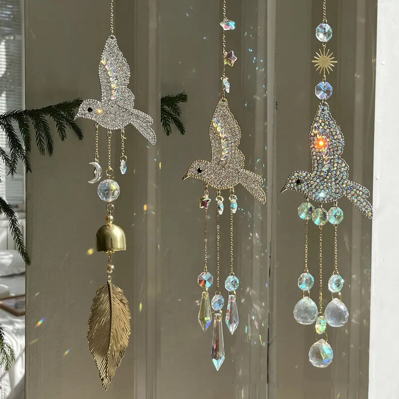 3D Diamond Hummingbird Leaf Sun Catcher Chime de vânt în aer liber Decorație pentru casă Minge de cristal Ornament House Garden Pandantiv Decor