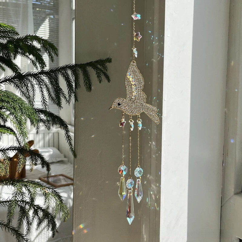 3D Diamond Hummingbird Leaf Sun Catcher Chime de vânt în aer liber Decorație pentru casă Minge de cristal Ornament House Garden Pandantiv Decor