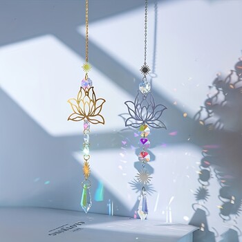 1PcMetalLotusandArtificial Crystal Suncatcher Charm Handmade Applicable Home Wind Chime μενταγιόν Φυτική διακόσμηση εξωτερικού κήπου