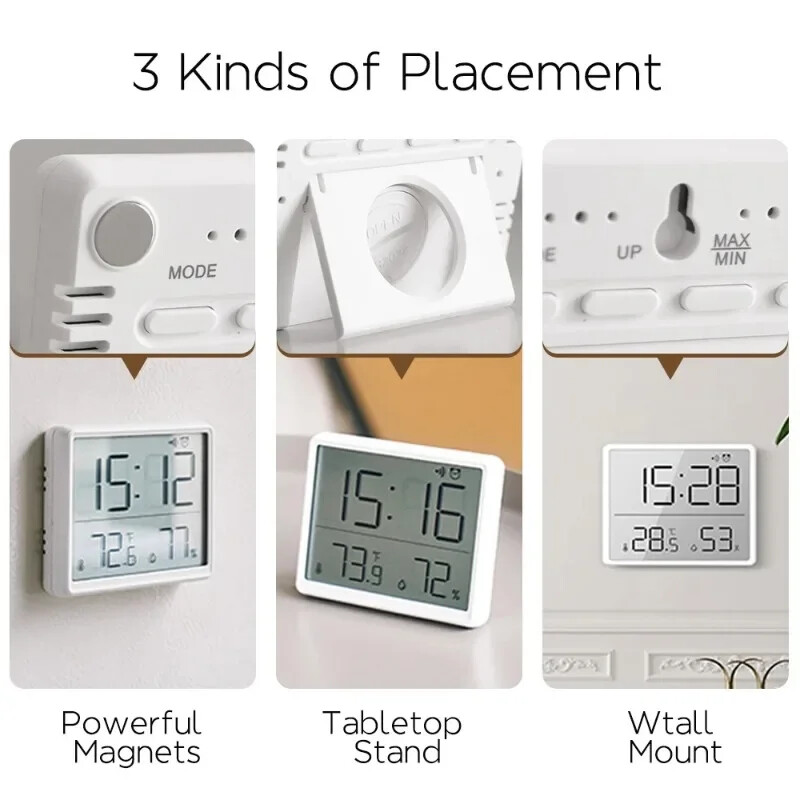 Decor de perete Ceas de perete ultra-subțire LCD Ecran mare Contor digital de temperatură și umiditate Ceas cu alarmă simplu Design magnetic Led