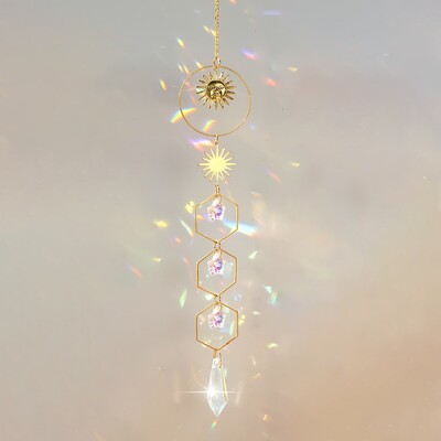 1 bucată de soare auriu pentagramă cu lanț de cristal pandantiv pentru fereastră de cameră, decorație pentru agățat, curcubeu, cadou