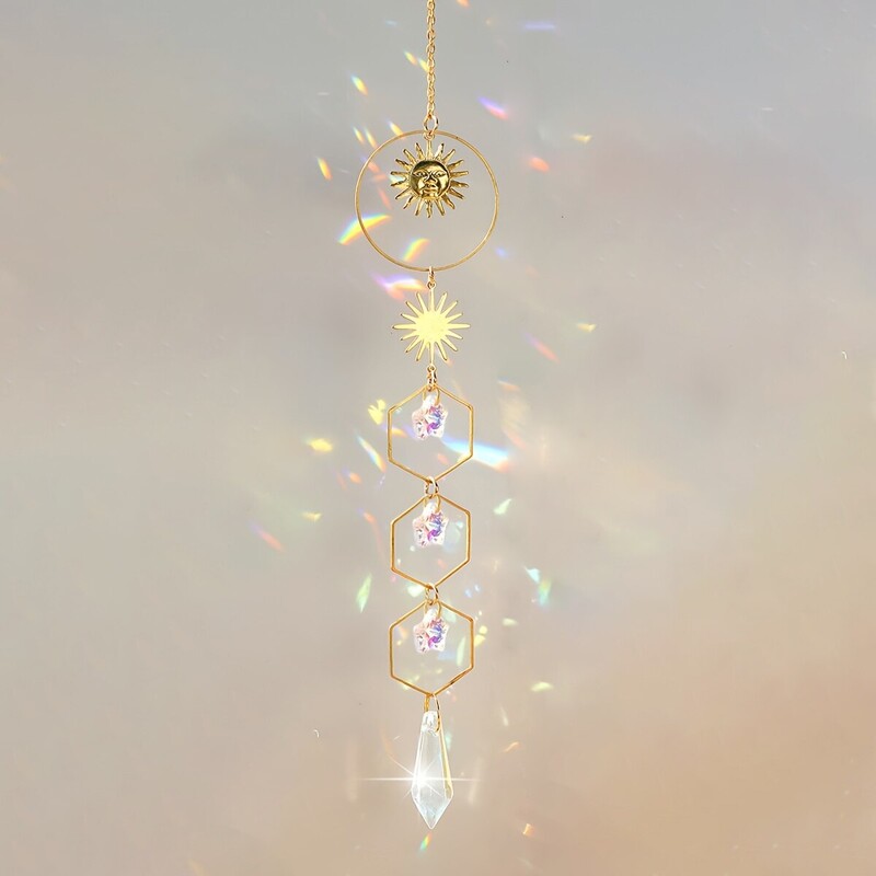 1 bucată de soare auriu pentagramă cu lanț de cristal pandantiv pentru fereastră de cameră, decorație pentru agățat, curcubeu, cadou