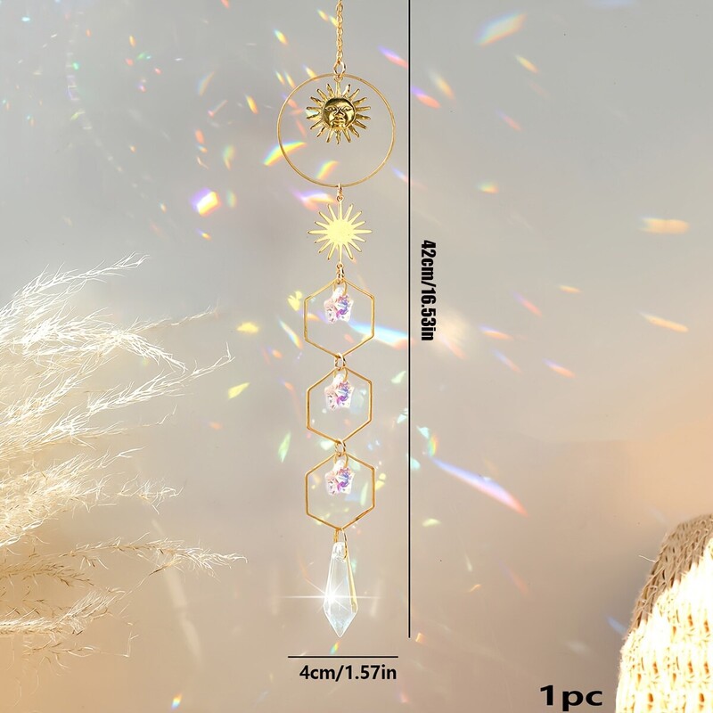 1 bucată de soare auriu pentagramă cu lanț de cristal pandantiv pentru fereastră de cameră, decorație pentru agățat, curcubeu, cadou