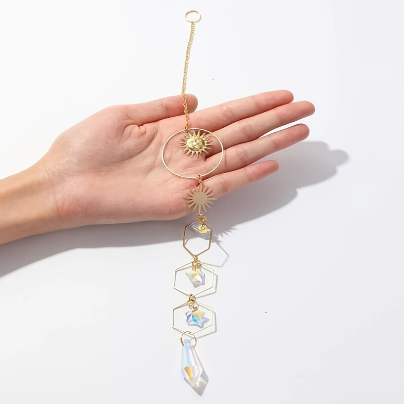 1 bucată de soare auriu pentagramă cu lanț de cristal pandantiv pentru fereastră de cameră, decorație pentru agățat, curcubeu, cadou