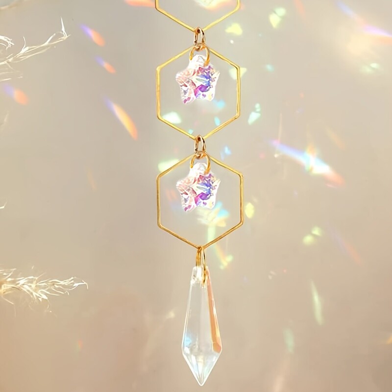 1 bucată de soare auriu pentagramă cu lanț de cristal pandantiv pentru fereastră de cameră, decorație pentru agățat, curcubeu, cadou