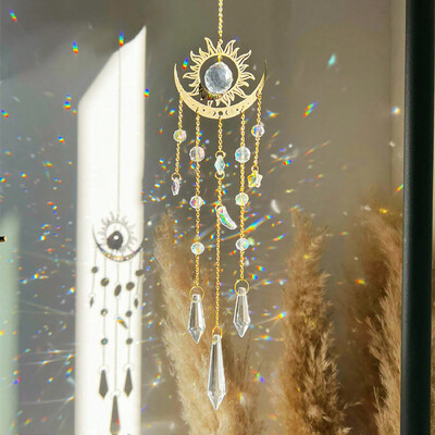 1 buc. pandantiv de cristal în formă de flacără și lună, de culoare aurie, prindere de soare, ornament pentru agățat de grădină în aer liber.