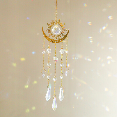 1 buc. pandantiv de cristal în formă de flacără și lună, de culoare aurie, prindere de soare, ornament pentru agățat de grădină în aer liber.