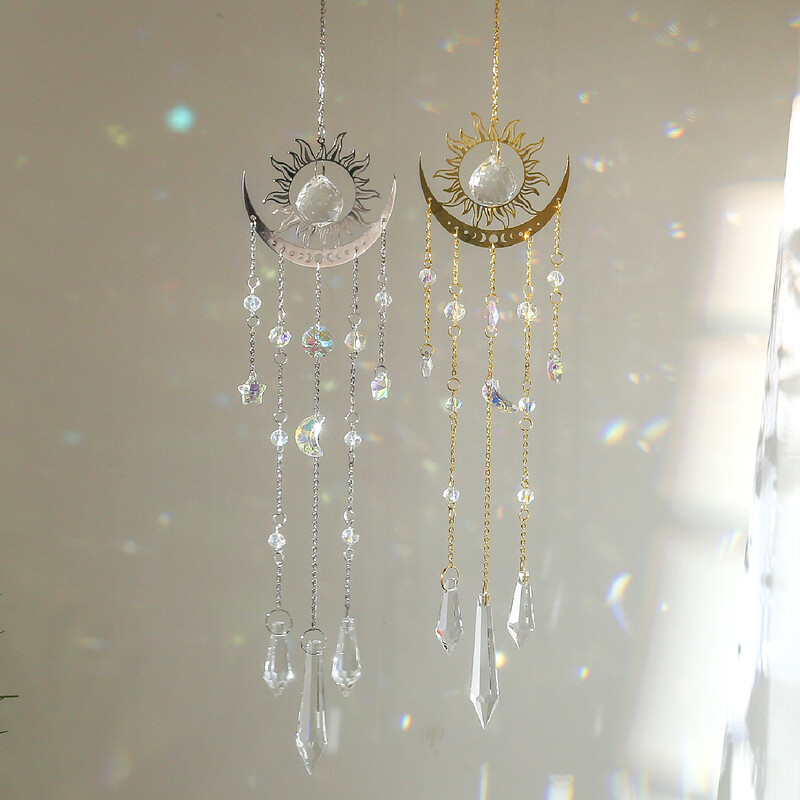 1 buc. pandantiv de cristal în formă de flacără și lună, de culoare aurie, prindere de soare, ornament pentru agățat de grădină în aer liber.