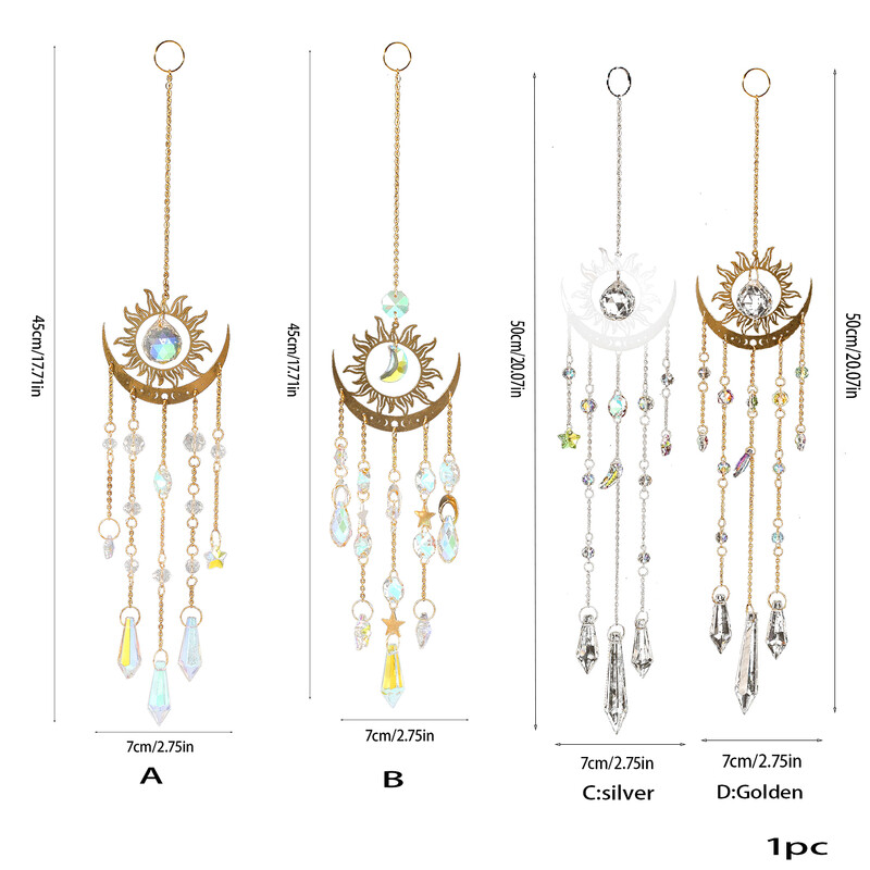 1 buc. pandantiv de cristal în formă de flacără și lună, de culoare aurie, prindere de soare, ornament pentru agățat de grădină în aer liber.