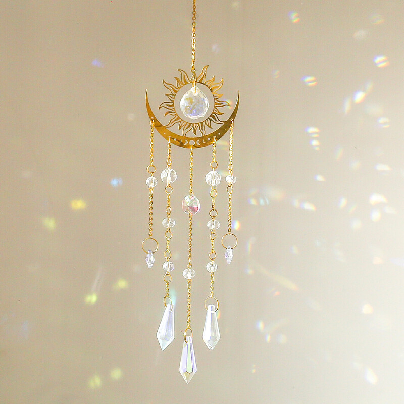 1 buc. pandantiv de cristal în formă de flacără și lună, de culoare aurie, prindere de soare, ornament pentru agățat de grădină în aer liber.