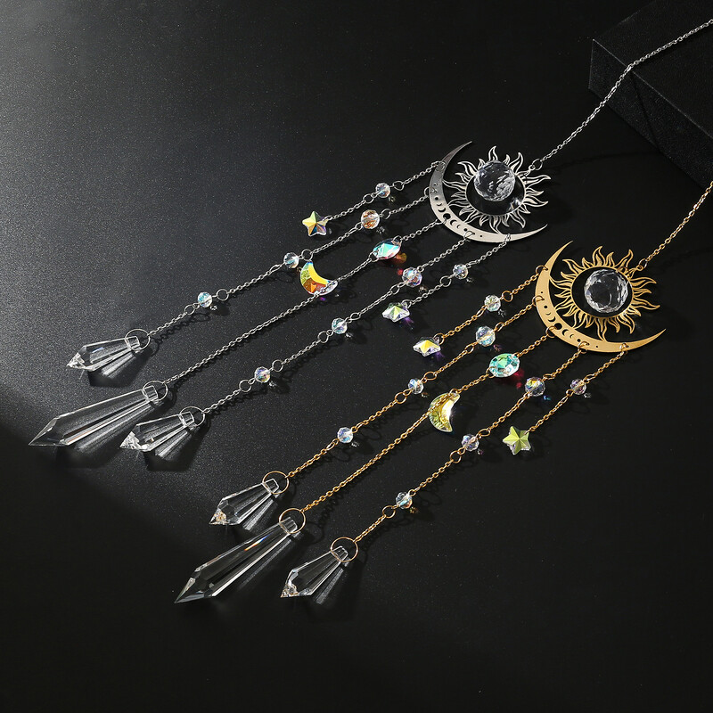 1 buc. pandantiv de cristal în formă de flacără și lună, de culoare aurie, prindere de soare, ornament pentru agățat de grădină în aer liber.