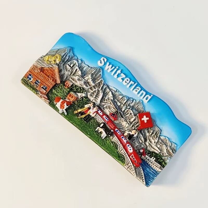 Swiss Girl Peak Suvenir turistic Creativ 3D Pictură de peisaj Tren mic Autocolant magnetic pentru frigider Cadou decorativ
