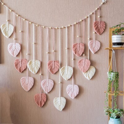 Ghirlandă cu frunze verzi, artă de perete macrame, decor deasupra patului, decor boho, modern de la mijlocul secolului, decor de perete pentru camera de zi, plantă