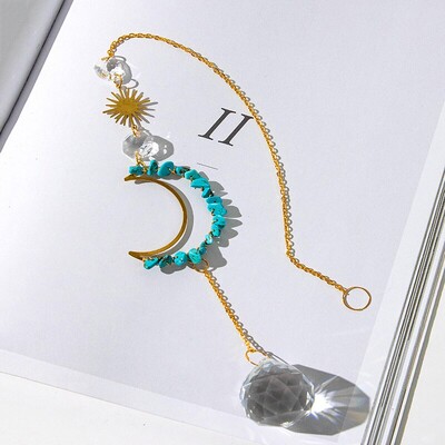 1 bucată de agățat de perete din piatră brută și cristal, concepută în formă de lună și soare pentru a decora grădina de acasă