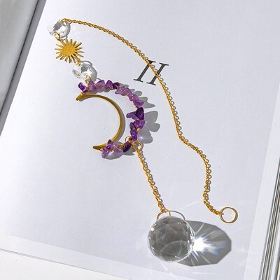 1 bucată de agățat de perete din piatră brută și cristal, concepută în formă de lună și soare pentru a decora grădina de acasă