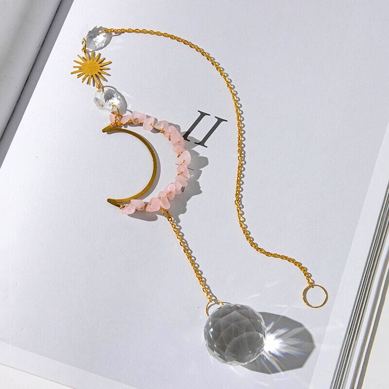 1 bucată de agățat de perete din piatră brută și cristal, concepută în formă de lună și soare pentru a decora grădina de acasă