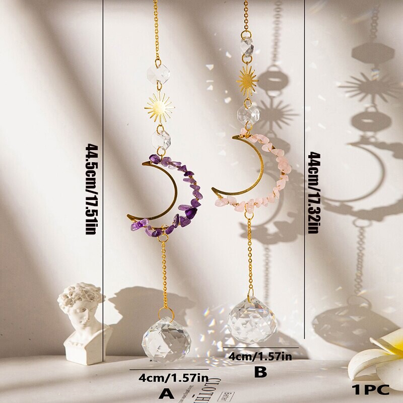 1 bucată de agățat de perete din piatră brută și cristal, concepută în formă de lună și soare pentru a decora grădina de acasă