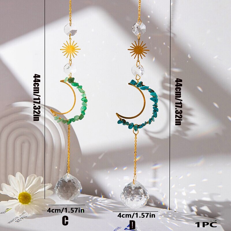 1 bucată de agățat de perete din piatră brută și cristal, concepută în formă de lună și soare pentru a decora grădina de acasă