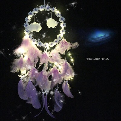 Apăsător de vise cu lumină cu LED, pene, pene, agățat pe perete, cadou romantic de Ziua Îndrăgostiților pentru iubită