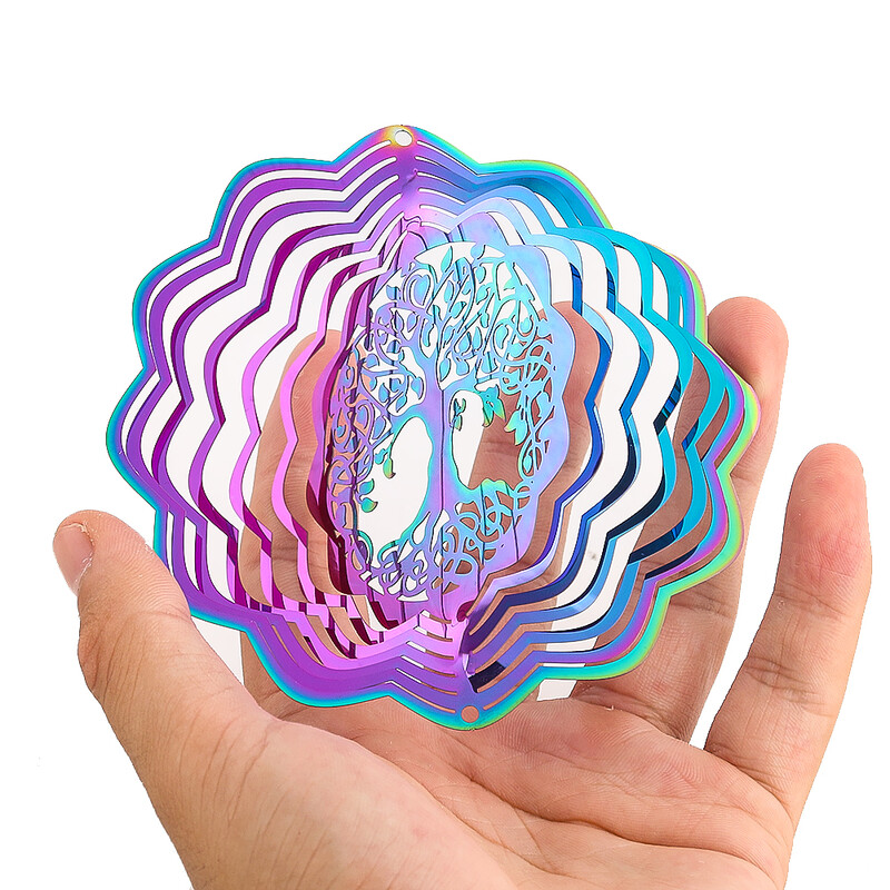 Rotor de vânt de culoare degradată Arborele vieții, agățat rotativ, oglindă 3D, clopoței de vânt, prindere atașament, descurajarea păsărilor, decor de grădină