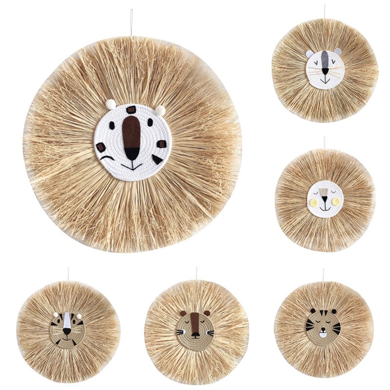 50 cm Ornament drăguț cu cap de animal Decorație de perete cu leu de desene animate Decor rafie țesut manual Tapiserie Camera copiilor Pandantive agățate pe perete