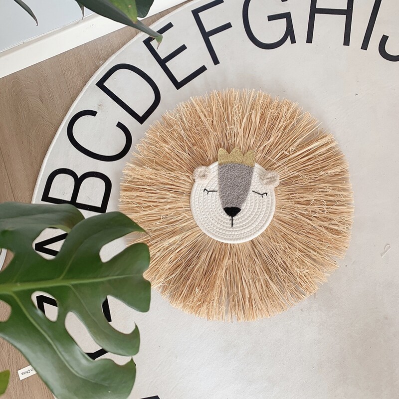 50 cm Ornament drăguț cu cap de animal Decorație de perete cu leu de desene animate Decor rafie țesut manual Tapiserie Camera copiilor Pandantive agățate pe perete
