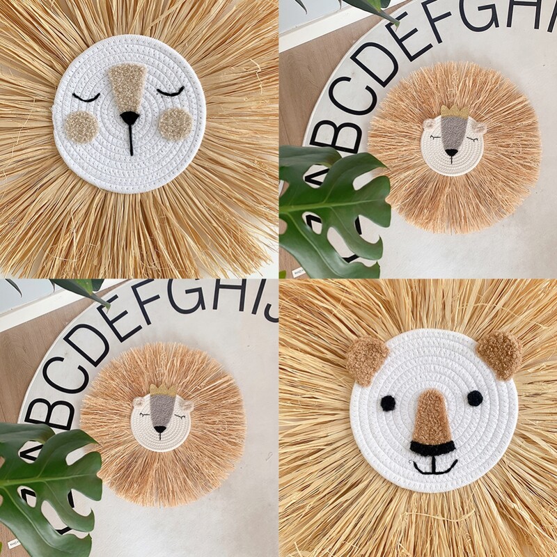 50 cm Ornament drăguț cu cap de animal Decorație de perete cu leu de desene animate Decor rafie țesut manual Tapiserie Camera copiilor Pandantive agățate pe perete