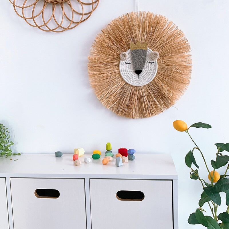 50 cm Ornament drăguț cu cap de animal Decorație de perete cu leu de desene animate Decor rafie țesut manual Tapiserie Camera copiilor Pandantive agățate pe perete